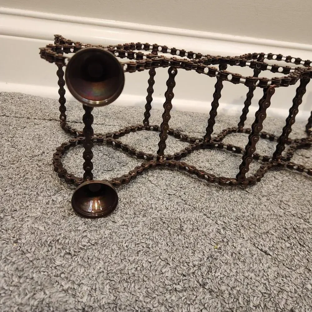 Upcycled Bicycle Chain Wine Rack Copper Metallic Finish Industrial Folk Art